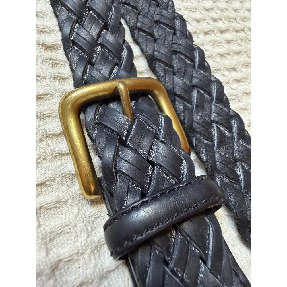 Boho Y2K Black Leather Braided Brass Buckle Belt